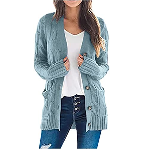 Image of Cardigans for Women Chunky Cable Knit Cardigan Aran Longline Sweater Open Front Jumpers with Buttons Ladies Loose Casual Knit Jacket Plus Size Fall Winter Outwear with Pockets