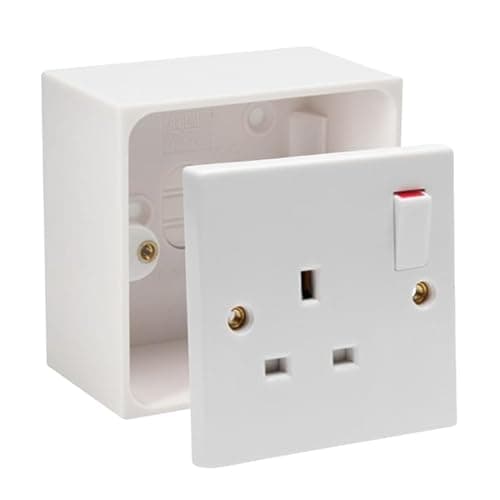 Image of Single Switched Socket 1Gang 13Amps White Electrical Outlet - Compatible with Single 25/35/45mm Pattress Back Box Surface Mounted 1 Gang (5, SET with 45mm Box)