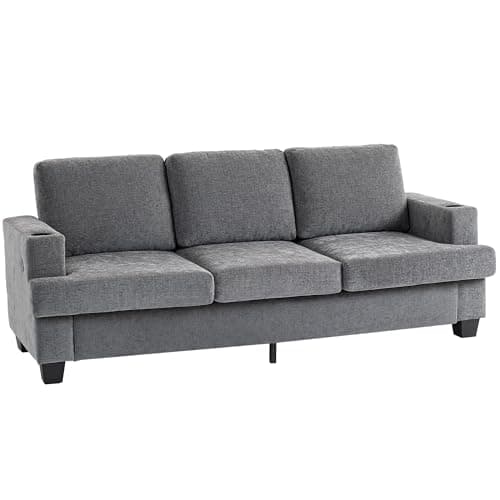 Image of HOMCOM 3 Seater Sofa with USB Ports & Cup Holders, 213 cm Modern Chenille-Feel Fabric Sofa with Thick Padded and Steel Frame, Upholstered Settee for Living Room, Bedroom, Home Office, Grey