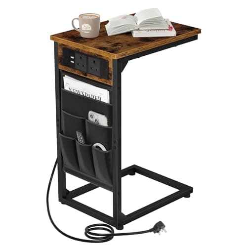 Image of AMHANCIBLE C-Shaped Side Table, Sofa Table with Charging Station, 2 USB & AC Outlets, Bedside Table with Cloth Storage Bag, End Table for Small Spaces, Coffee Table for Living Room, Brown HET04CBR-1