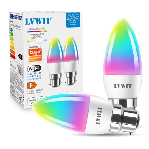 Image of LVWIT B22 Smart Candle Bulb Bayonet, RGB Color B22 Dimmable Bulbs,Music Sync WiFi Bulbs, 470Lm, 4.9W Compatible with Alexa, Echo and Google Home, Smart Candle Light Bulbs (Pack of 2)