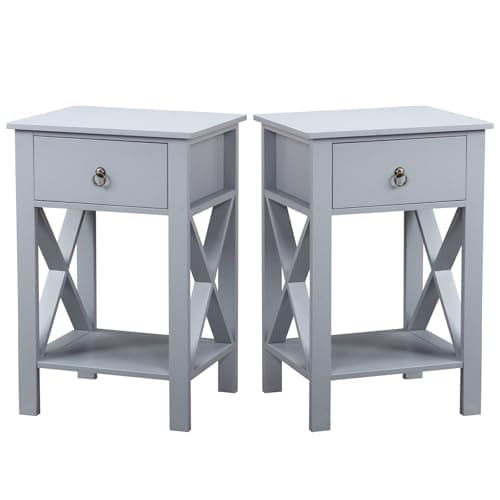 Image of Bonnlo Grey Bedside Tables Set of 2, Beside Cabinet with Single Drawer, X Shaped Nightstand for Bedroom/Living Room/Small Space, 40 x 30 x 57cm