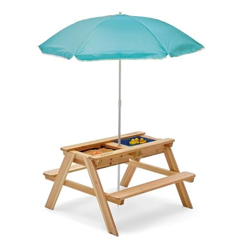 Image of Plum Play Surfside Junior Sand and Water 3 in 1 Activity Play Picnic Table with Sunshade Parasol - Removable Table Top (Teal)