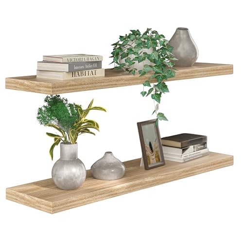 Image of CASARIA® Set of 2 110cmx23cm Oak Effect Floating Shelf Including Bracket | Wall Shelving Living Room Kitchen Bedroom Office | 38mm Thick | Hidden Wall Fixing | 15kg Capacity MDF