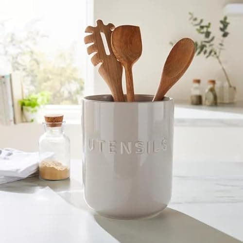 Image of New Grey Ceramic Utensil Holder – Embossed with Utensils Text, Strong and Durable Design for Wooden Spoons, Serving Spoons,Everyday Kitchen Use, Stylish Countertop Decor – M74
