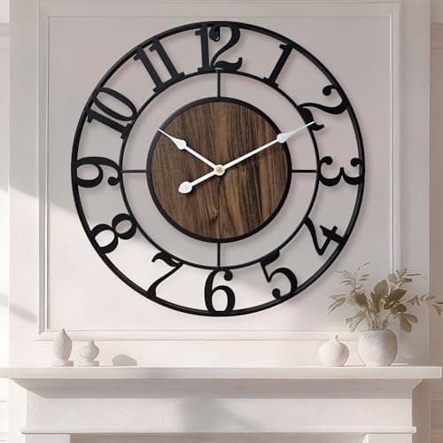 Image of Tixmtry Large Metal Wall Clock, 80cm Retro Decorative Silent, Non Ticking, Battery Operated Modern Big Wood Wall Clock for Living Room, Farmhouse, Bedroom, Fireplace, Kitchen, Office, Home Decor