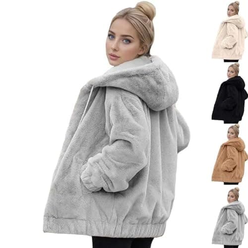 Image of Womens Fleece Jacket Full Zip Up Fuzzy Teddy Coat Winter Hooded Jackets Khaki Beige White Brown Lapel Cardigan Hoodies Casual Warm Outwear with Hidden Hood And Pockets Ladies Size 10 12 14 16 18 20 22