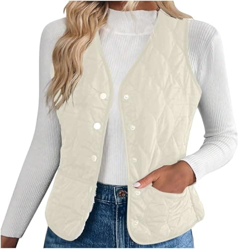 Image of NSICBMNO Beige Gilet For Women Uk Quilted Body Warmer Sherpa Fleece Gilet Padded Waistcoat Down Vest Thermal Body Warmer Ladies Button Up Quilted Jacket Sleeveless Puffer Jackets Winter Jackets Xl