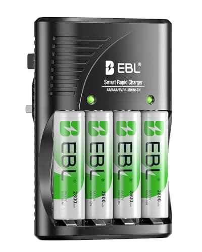 Image of EBL AA Rechargeable Batteries 2800mAh 4-Pack and Smart Battery Charger with AC Wall Plug for AA AAA Ni-MH Ni-CD Rechargeable Batteries and 9V Batteries