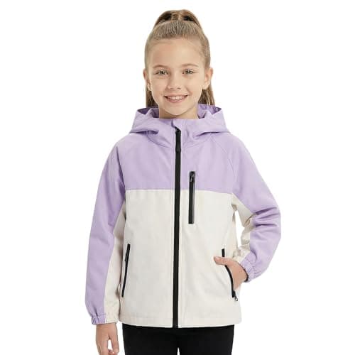 Image of Baogaier Girls Waterproof Jacket Kids Hooded Raincoat with Zip Pockets, Lightweight Jackets with Reflective Stripes Windproof Outdoor Colorblocked Coat Outerwear 11-12 Years, Purple