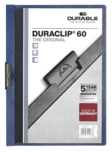 Image of Durable DURACLIP 60 A4 Clip Folder - Holds Up to 60 Sheets of A4 Paper - Strong Metal Sprung Clip - Pack of 25 Dark Blue Colour Folders for Organising Documents