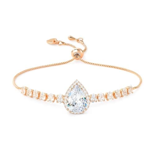 Image of Linawe Crystal Imitation Diamond Charm Bracelet, Rose Gold Chain Adjustable Bracelets for Women, Rhinestone Birthstone Cubic Zirconia Prom Wedding Jewellery Bracelet Set for Brides Bridal