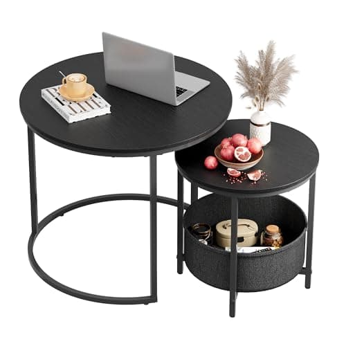 Image of WLIVE Round Coffee Table Set of 2, 60X60X51cm Nesting Tables with Ample Storage, Wooden Wide Side Table with Sturdy Metal Frame for Living Room or Office, Charcoal Black