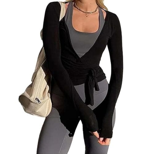 Image of BABWWNIX Y2k Ballet Pilates Wrap Top for Women Long Sleeve Deep V Neck Tie Front Workout Yoga T Shirt Blouses Sports Tops (Black, S)