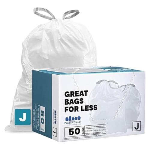 Image of Plasticplace Custom Fit Rubbish Bags, Compatible with simplehuman Code J (50 Count), White Drawstring Rubbish Liners 10-10.5 Gallon / 38-40 Liter, 21" x 28"