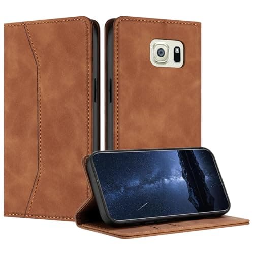 Image of Mo-Beauty Compatible with Samsung Galaxy S6 Case, PU Leather Flip Wallet Phone Stand Case Cover with 2 Slot Card Holder and Magnetic Closure for Samsung S6 Shockproof Protective Phone Case(Khaki)