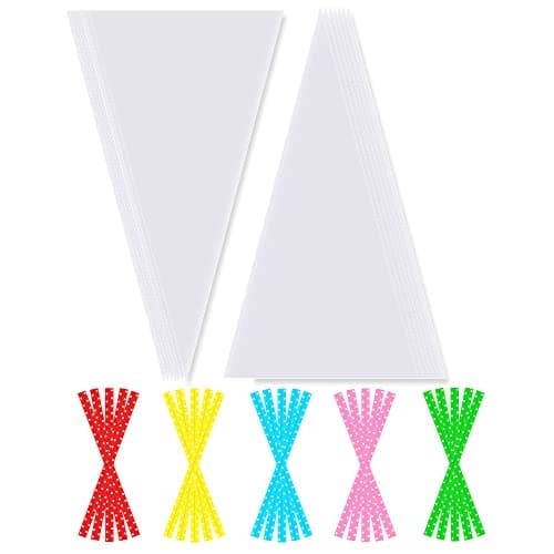 Image of CASPLUS 100pcs Sweet Cone Bags 25x13cm with 100pcs Coloured Dot Twist Ties, Clear Cellophane Bags for Sweets Candy Birthday Party Christmas and Festivals
