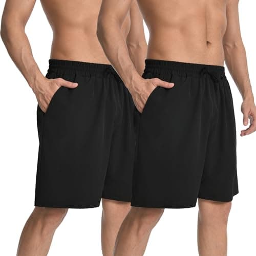 Image of HovSiyla 2 Pack Men's Athletic Sports Shorts Lightweight Breathable Running Gym Training Casual Shorts with Drawstring and Zippered Pockets Black Large
