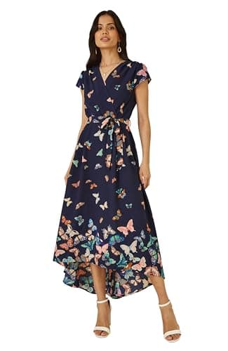 Image of Yumi Navy Butterfly Print Dip Hem Midi Wrap Dress (UK, Numeric, 14, Regular, Regular, Navy)