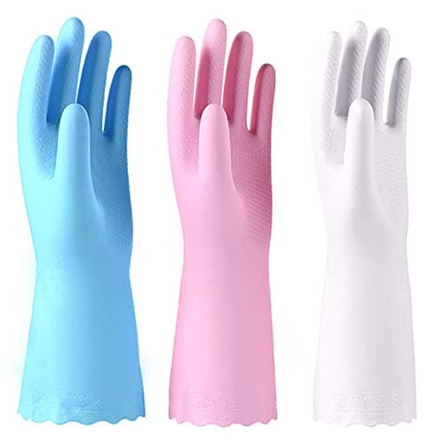 Image of Alimat PluS 3 Pack Reusable Cleaning Gloves Latex Free - Dishwashing Gloves with Cotton Flock Liner and Embossed Palm - Waterproof Household Gloves for Laundry, Gardening (Small)