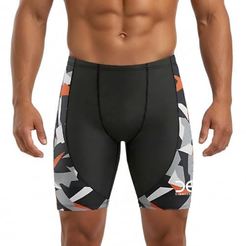 Image of Crossedge Men’s Jammer Swimming Trunks with Silicone Leg Gripper, Front & Back Liner – Comfort Fit & Quick Dry Shorts for Swim Training, Fitness (UK, Alpha, S, Regular, Regular, Black/Grey)