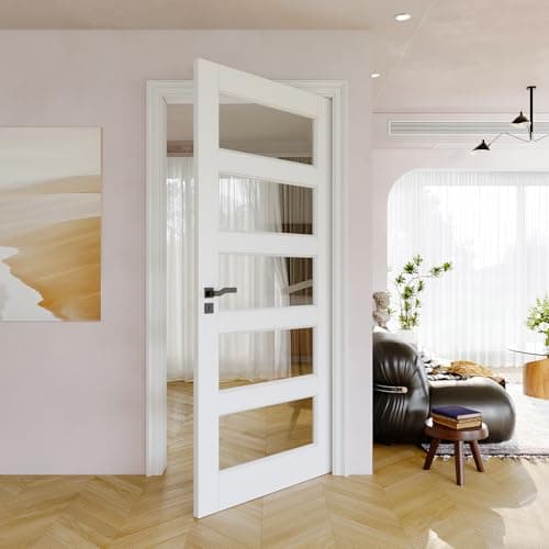 Image of 36" x 80" Slab Door, 5-Panel Pre-Assembled Clear Glass Interior French Door Slab, Solid Core & Pre-Finished Single Panel for Pantry Bedroom Closet as Pocket, Bifold, Barn Doors-Shaker w/o Hardware
