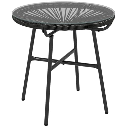 Image of Outsunny Rattan Side Table, Round Outdoor Coffee Table, with Round PE Rattan and Tempered Glass Tabletop for Patio, Garden, Balcony, Black