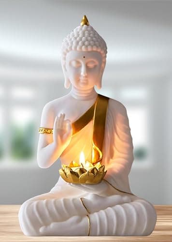 Image of SN Handicrafts Decorative Buddha Statue with T-Light Lotus candel, White and Gold, Polystone Meditation Figurine for Home Gift Gifting Item Buddha Idol Statue Showpiece (White) 1pic