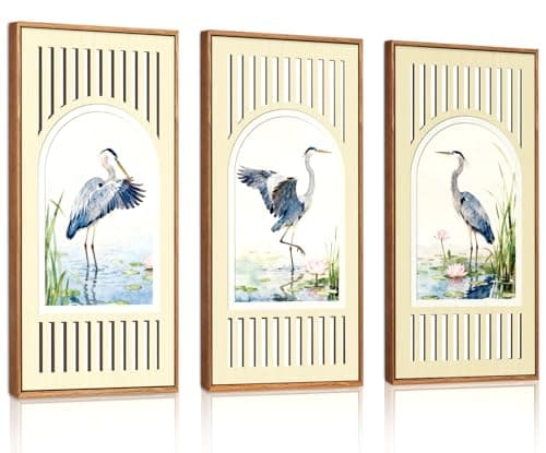 Image of HPNIUB Coastal Bird Wall Art Nature Wildlife Animal Art Prints Set Blue Heron Framed Artwork Watercolor Heron Sea Birds Wall Decor for Living Room Farmhouse Bedroom Office