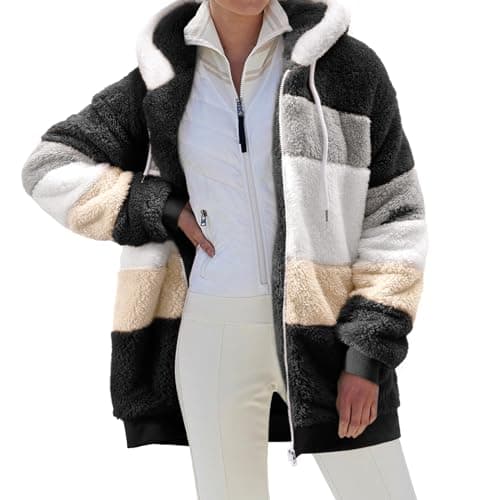 Image of CMTOP Womens Teddy Hoodies Fleece Coats Winter Warm Sherpa Jacket Full Zip Up Hooded Cardigan Fuzzy Sweatshirt Long Sleeves Plush Fluffy Oversized Hoodie Outwear with Pockets, Drawstring(Black,S)