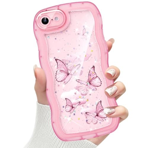 Image of CASBST Compatible with iPhone SE/8/7 Case for Women Girls, Curly Wave Frame with Bling Glitter Butterfly Pattern, Full Camera Protection, Slim TPU Aesthetic Clear Phone Case for iPhone SE/8/7, Pink