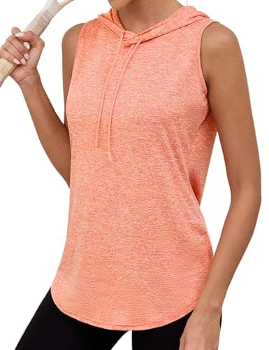 Image of Gyabnw Women's Sleeveless Hooded Tank Top Quick Dry Lightweight Gym Vest with Drawstring Round Neck for Yoga, Running and Workout Orange