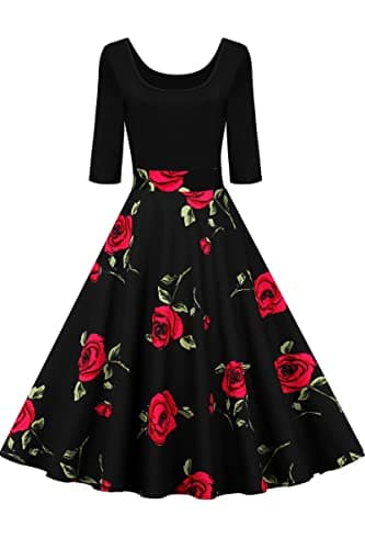 Image of AXOE Women 50s Style Floral Vintage Rockabilly Dress 3/4 Sleeves Black with Red Rose F1B, UK Size 10, S