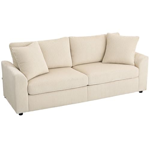 Image of HOMCOM Modern 3 Seater Sofa with Spring Cushion, 212 cm Fabric Jumbo Cord Sofa Couch with 2 Scatter Cushions, Upholstered Corduroy Settee for Living Room, Bedroom, Home Office, Cream White