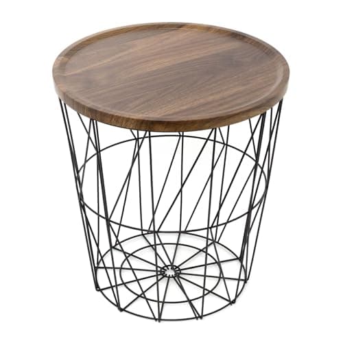 Image of Carousel Home Modern Black Metal Storage Side Table with Wooden Lid | Round Wire Basket Table for Living Room Bedroom - 40cm