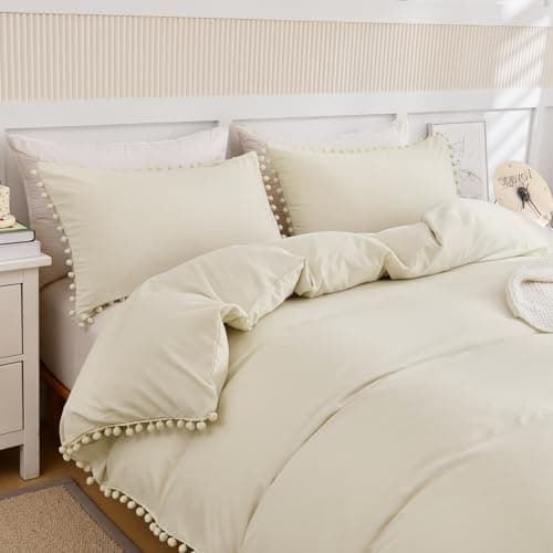Image of WONGS BEDDING Double Duvet Cover Set Cream Tassels Pompom Bedding Sets 3PCS with 2 Pillowcases Soft Cozy Microfiber Double Bedding Set Zipper Closure for All Season (200x200cm)