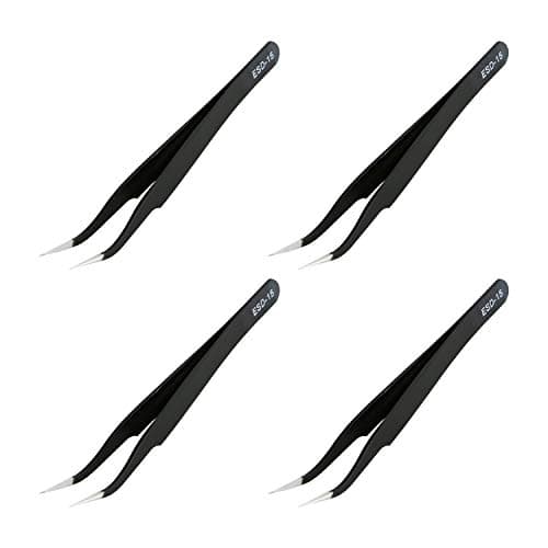 Image of Aoje-Link ESD-15 Professional Anti-Static Technology Tweezers, Non-Magnetic Fine Tip Curved, Stainless Steel Plastic Coated, Full Length 120mm, Black, 4pcs