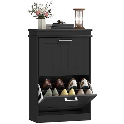 Image of HOMCOM 2 Drawers Entryway Shoe Cabinet, Narrow Shoe Storage Cabinet with 2 Flip Doors and Adjustable Shelves for 10 Pairs of Shoes, Black