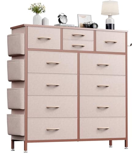 Image of Buluri Chest of Drawers Bedroom, 12 Fabric Drawers Dresser with Side Pockets and Hooks, Wooden Top and Metal Frame, Tall Drawers for Closet, Living room, Kids Room (Pink)