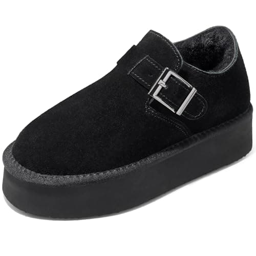 Image of Harvest Land Womens Platform Winter Snow Boots – Warm Faux Fur Lined Slip-On Ankle Booties for Non-Slip Outdoor Comfort Walking Shoes Black Buckle UK7