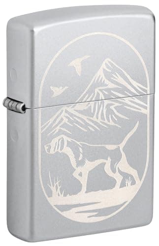 Image of Zippo Windproof Lighter - Hunting Dog, Satin Chrome, Laser Engrave - Refillable - Reusable - Windproof Design - Gift Box - Made in USA