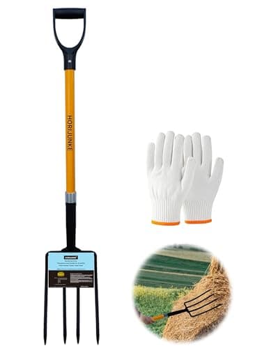 Image of HORIJUNKE Pitchfork, 4-Tine Pitch Fork,45-Inch Garden Fork,Fiberglass Digging Fork Pole, D-Handle