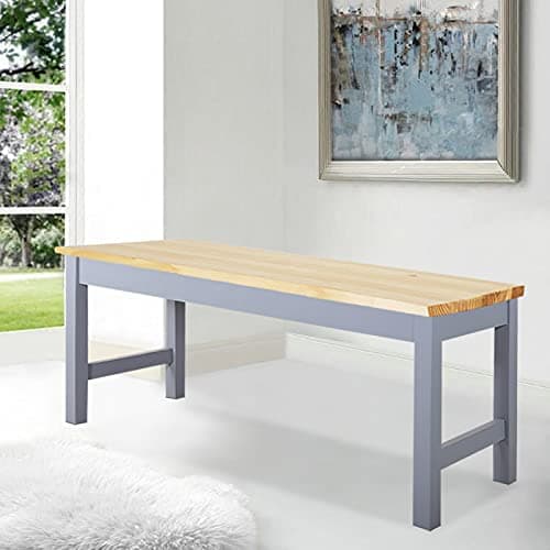 Image of Warmiehomy Dining Bench,Elegant Modern Bench Solid Pinewood & Sturdy Metal Frame, Durable 2-Seater for Living Room, Bedroom, Kitchen, Patio,90CMx35CMx44.6CM, Natural Pine & Grey