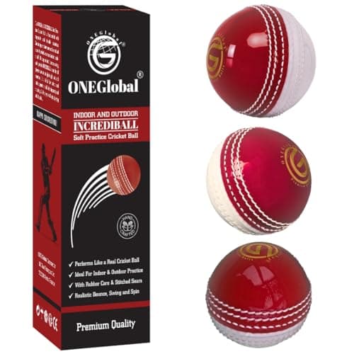 Image of ONEGlobal Incrediball Soft Practice Cricket Ball | Outdoor & Indoor Rubber Cricket Ball With Core & Stitched Seam | For Practice, Training & Family Fun | Senior & Junior Size (3 Red&White, Senior)