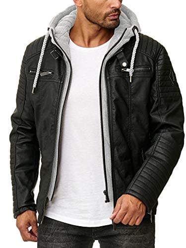 Image of RED BRIDGE Men's Faux Lether Jacket Transition Biker Jacket with Hooded Modern 2in1 (M, Black - Grey)