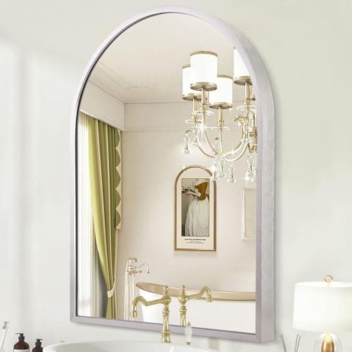 Image of HLFMVWE Arched Bathroom Mirror, 70 x 50cm Arch Metal Framed Mirror for Wall, Decor Vanity Mirror for Living Room Bedroom Entryway Silver