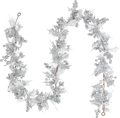 Image of LATERN Silver Berry Christmas Garland, 175CM Flexible Artificial Berry Garland with Silver Glitter Berries and Holly Leaves for Christmas Winter Holiday New Year Fireplace Door Tree Decoration