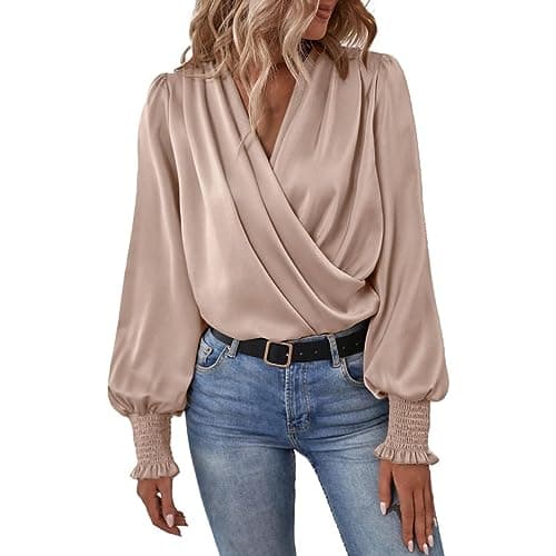 Image of Womens Ladies Dressy Casual Satin Silk Blouses Shirts Elegant Long Sleeve Sexy Deep V-Neck Casual Evening Wrap Tops Flattering Blouses Boho Shirts for Women 2024 Beige