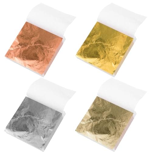 Image of 200 Pieces Gold Leaf Sheets, 4 Colors Metallic Gold Leaf Paper for Cakes, Desserts, Chocolate, Art and Craft, Face Masks, Nail Art, Resin Gilding Crafting, Furniture Home Decor (8 * 8.5cm)