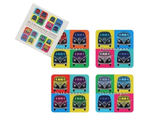 Image of BRISA VW Collection - Volkswagen Beverage Glass Cork Coaster Set with MDF Coating and T1 Campervan Bus Design (4-Piece Set/Vintage Logo/Multicolored)
